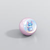 Pink spherical device with a cartoon character on a light gray background